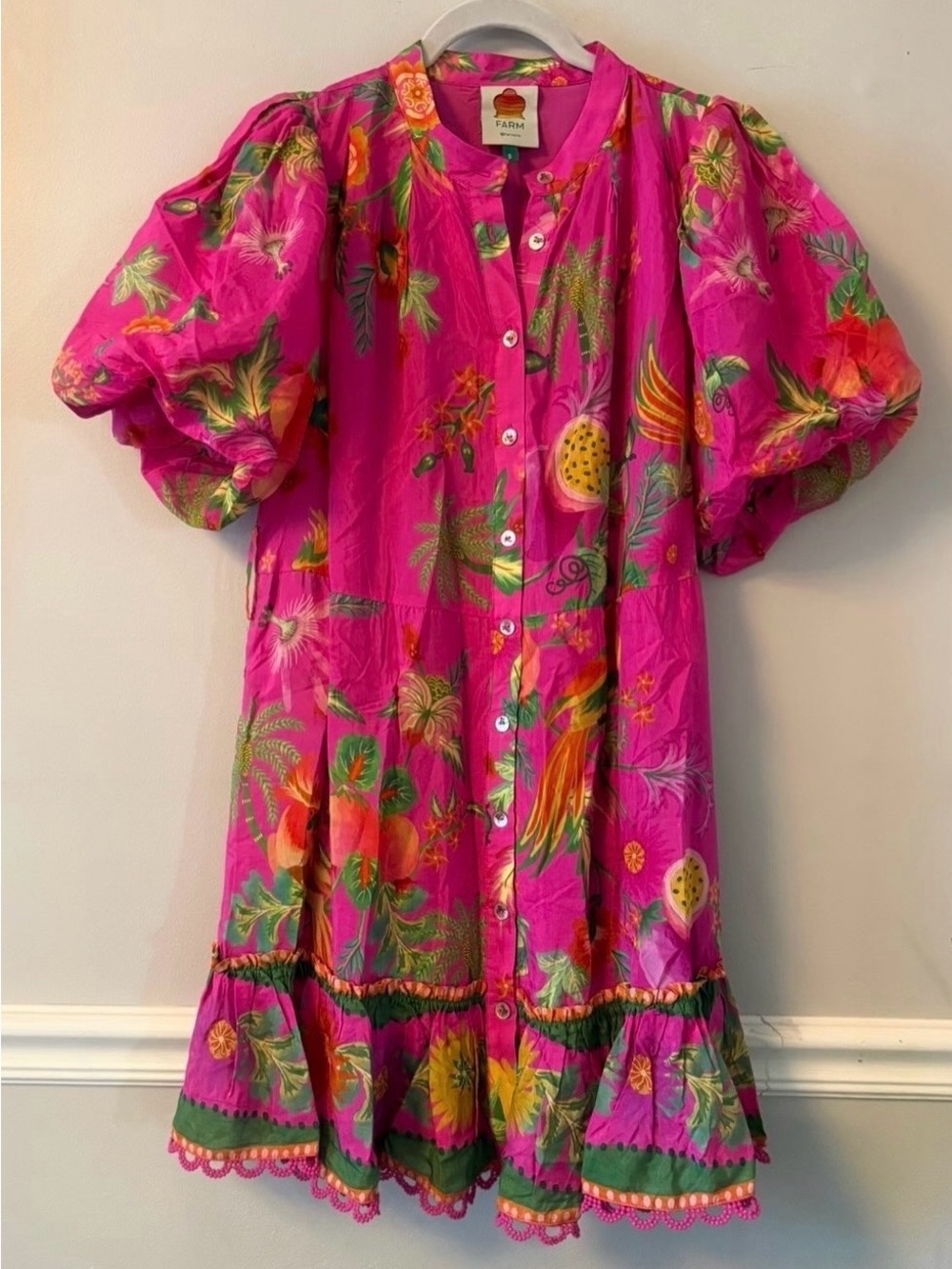 EUC FARM RIO Pink Delicate Fruit Garden Mini Dress with Belt - Size Small - Picture 2 of 6